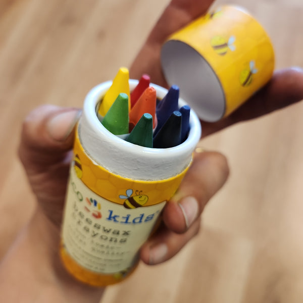 Eco-Kids Beeswax Crayons, Triangle Shaped in round canister.