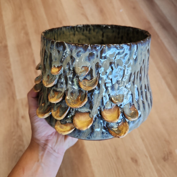 Lichen Green Fungus Pot - handbuilt - one of a kind