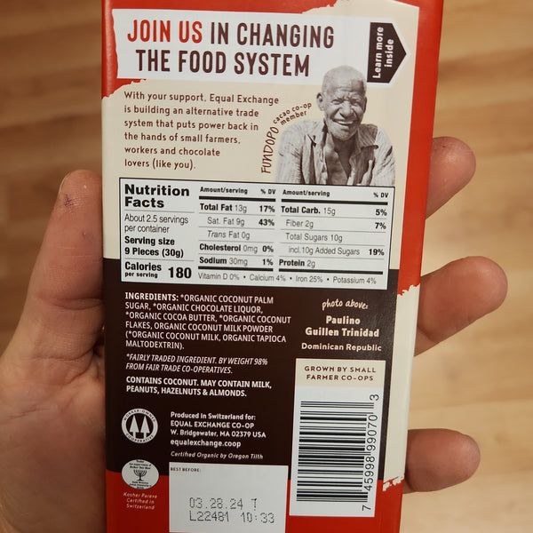 Equal Exchange Coconut Milk 55% Chocolate Bar - Dairy Alternative - 2.8 oz.