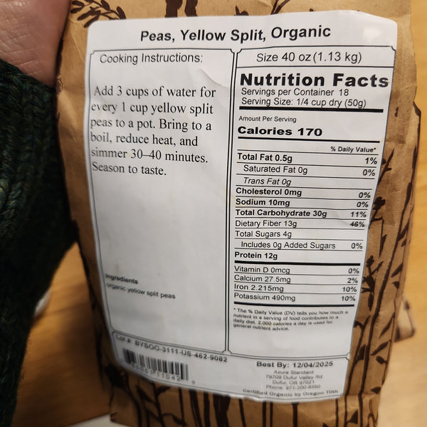 Organic Yellow Split Peas - Dry - 40 oz