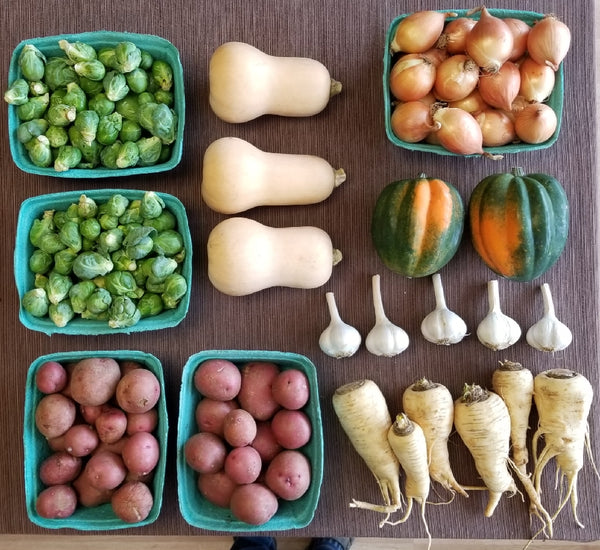 SOLD OUT - Thanksgiving Storage Veggies Box - For Pickup Sat Nov 18 - Double-sized CSA Box, 1 1/4 bushels of fresh produce grown by us.