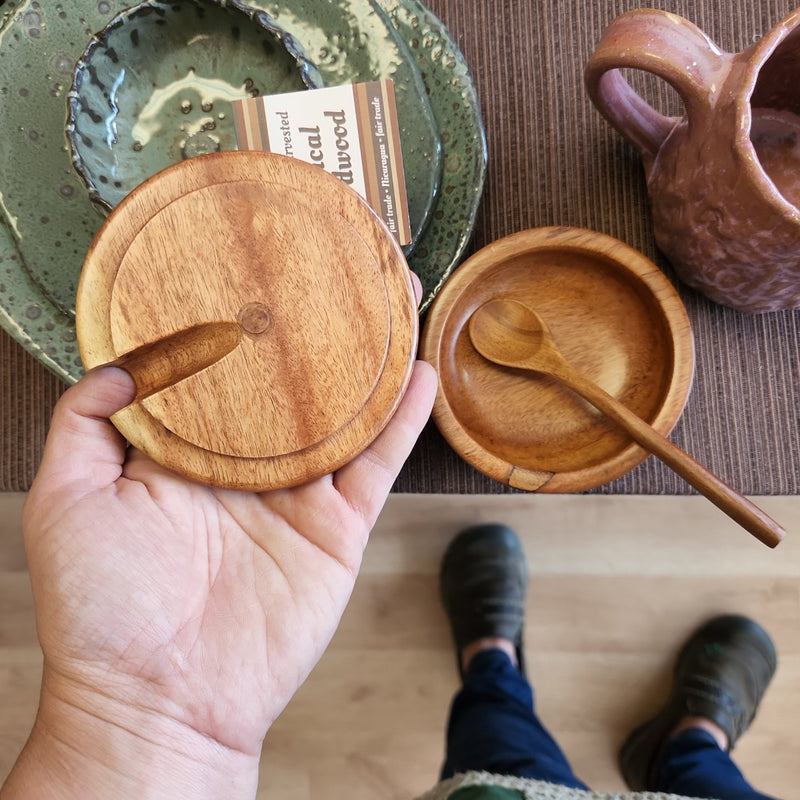 Tropical Hardwood Lidded Spice Bowl With Spoon - Fair Trade - Sustainably Harvested
