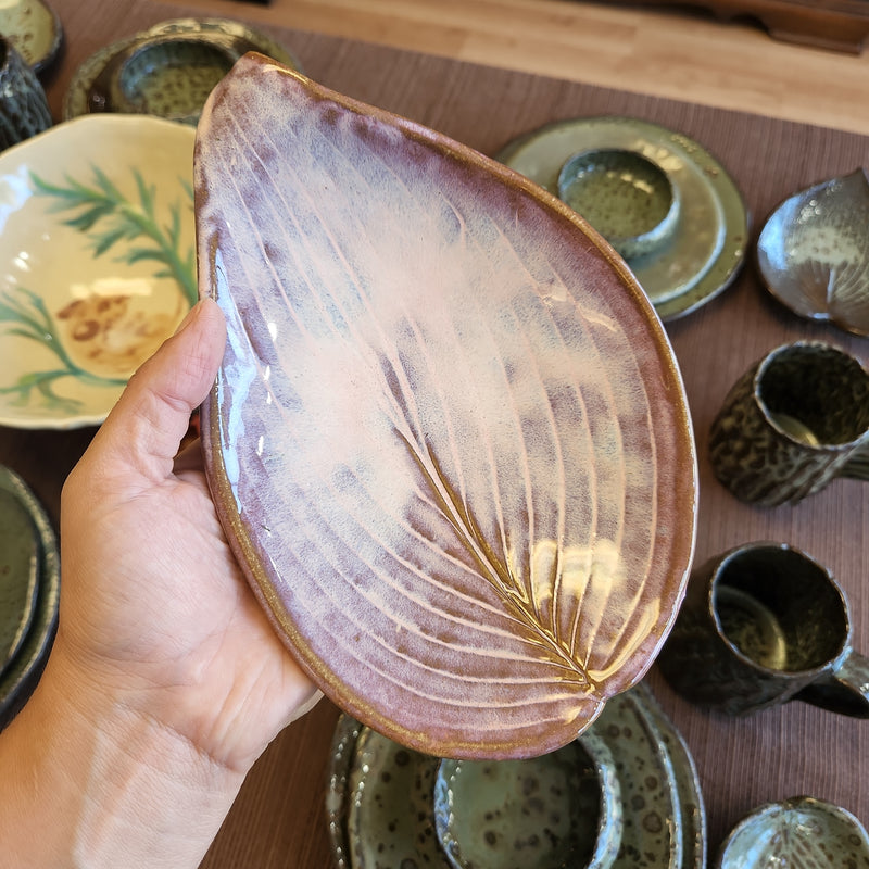 Medium Hosta Leaf Dish with Foot - Hand Built Pottery by Authentic Arts