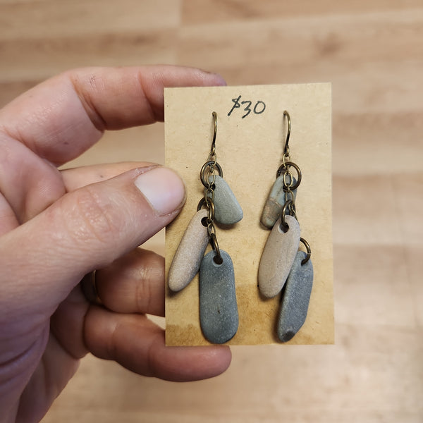 River Stone Earrings - Triple Stones - Lake Michigan Stones