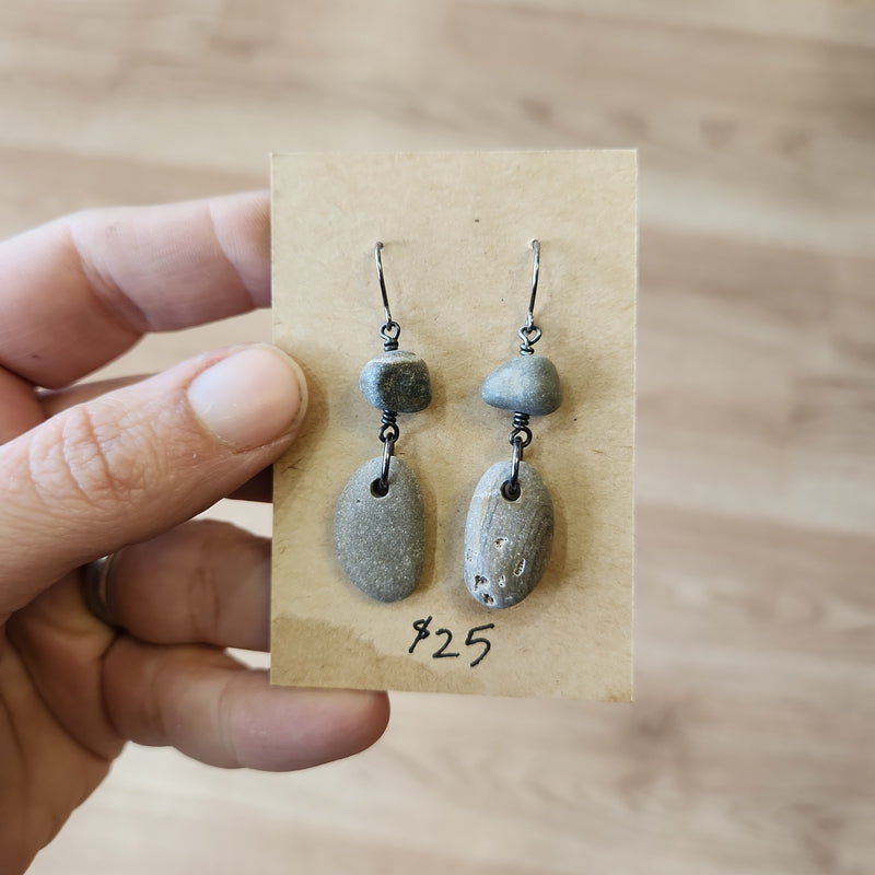 River Stone Earrings - Double Stones - Lake Michigan Stones